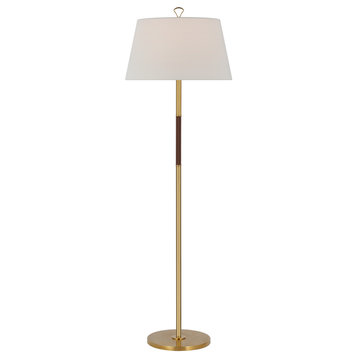 Griffin Large Floor Lamp in Hand-Rubbed Antique Brass and Saddle Leather with Li