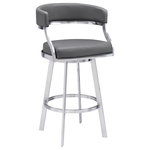 Armen Living - Dione 30" Bar Height Swivel Gray Faux Leather and Brushed Steel Bar Stool - The Dione 30" Bar Height Swivel Grey Faux Leather and Brushed Stainless Steel Bar Stool from Armen Living is a unique addition to any home or apartment. The Dione's soft faux leather upholstery is wrapped around a high-density cushion that cover the back and seat of the kitchen stool, providing you with optimal comfort. The 360-degree swivel motion allows your guests to stay engaged at parties or gatherings regardless of their place in the room, making this the perfect stool for entertaining! The Dione is ideal for any room in your house, such as your kitchen, office, home bar, or den due to the availability of 2 seat height options. The open seat back provides breathable seating and allows for easy movement around your home. The sturdy frame consists of a 4 leg-base that includes a ring footrest and floor protectors, ensuring the Dione will not damage your floors, further accentuating its convenience. The Dione Bar or Counter Stool is available in a brushed stainless-steel finish with grey or black faux leather, an auburn bay metal finish with brown faux leather, or a mineral metal finish with vintage black faux leather upholstery.