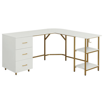 Techni Mobili L-Shape Home Office Two-Tone Desk with Storage, Gold