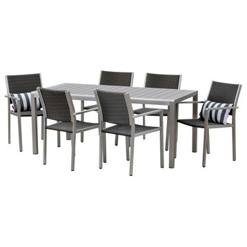 GDF Studio 7-Piece Coral Outdoor and Wicker Dining Set With Faux Wood Table Top