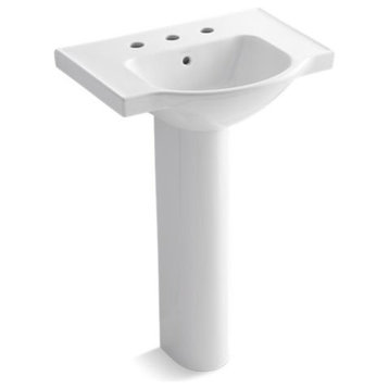 Kohler Veer 24" Pedestal Bathroom Sink with 8" Widespread Faucet Holes, White