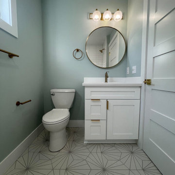 White Shaker Kitchen + Grey Vanity Bathroom