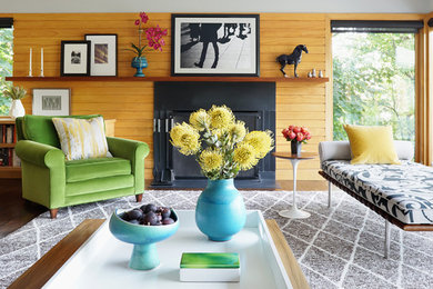 Large minimalist open concept living room photo in New York with a standard fireplace