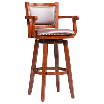 Benzara BM274302 Wood Swivel Barstool, Open Rolled Arms & Bonded Leather, Brown