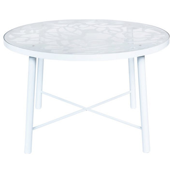 LeisureMod Devon Modern Glass Top White Aluminum Base Outdoor 47" Dining Table