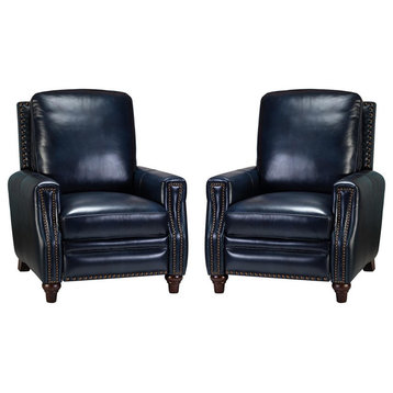 Genuine Leather Recliner With Nailhead Trim Set of 2, Navy