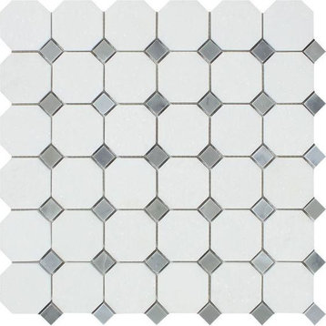 Thassos White Marble Polished Octagon Mosaic Tile w/ Blue Gray Dots
