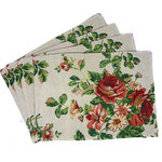 Tache Home Fashion - Sweet Roses Spring Summer Vintage Woven Tapestry Shabby Chic Cloth Placemats - Liven up your dining tables and kitchen space with these bright and festive linens to fill your home with the holiday spirit. This placemat features bouquets of ruby red roses surrounded by bright green leaves and small yellow flowers with a creamy beige background to enhance the color of the roses. The back of the placemat is a solid red to compliment the front.