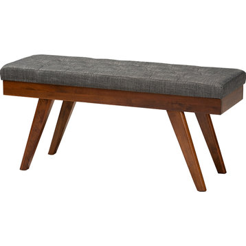 Mid-Century Modern Medium Grey Fabric Upholstered Wood Dining Bench