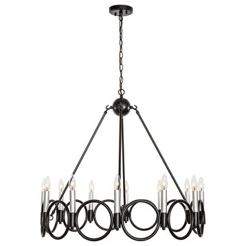 12 Light Wagon Wheel Candle Style Chandelier, Classic Black/White Antique Silver