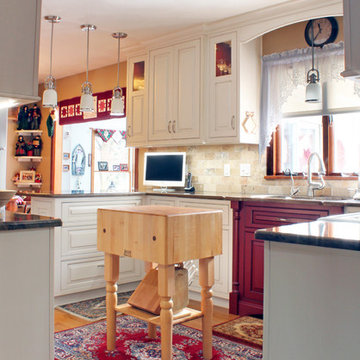 Cream & Red Traditional Kitchen with Peninsula