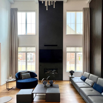 Contemporary Shirred and Lined Pinch Pleat Drapes Mounted on High Windows