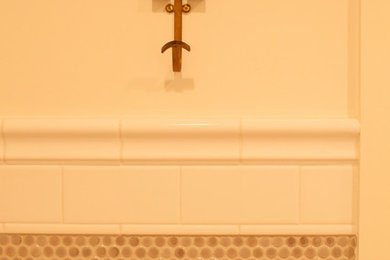 Example of a transitional kids' white tile and ceramic tile bathroom design in Kansas City with white walls