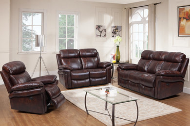 Example of a trendy medium tone wood floor and brown floor living room design with white walls