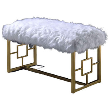 Benzara BM196716 Modern Style Fur Bench w Geometrical Side Panels,White and Gold