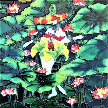 8x8" Lotus Flower Pads Ceramic Art Tile Hot Plate Trivet and Wall Decor