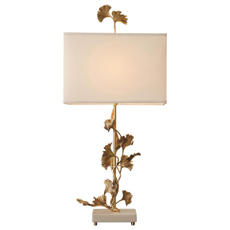 Elegant Ginkgo Vine Leaves Table Lamp Organic Brass Leaf White Gold Soothing