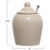4" Round Debossed Jar, Stainless Steel Slotted Spoon Olives, White, Set of 2