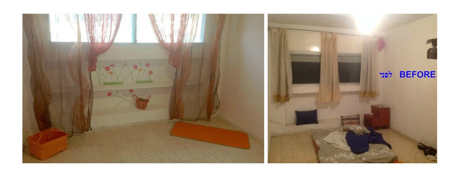 bedroom with fun nisha under window and curtains