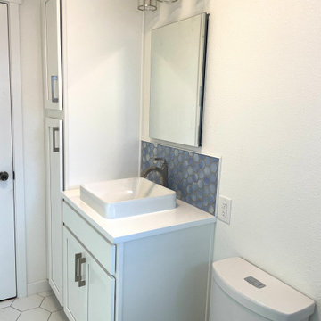 BATHROOM - Complete Remodel Tub-to-Shower White Cabinets, White Hex Floor