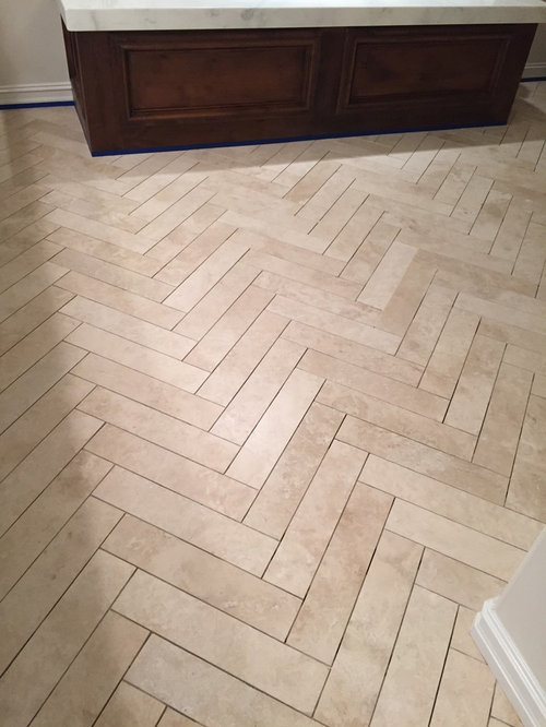 Polished Travertine On Bathroom Floor, Travertine Herringbone Tile