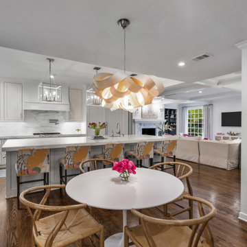 Elegant Modern French Country Kitchen with Marble Accents and Floral Charm