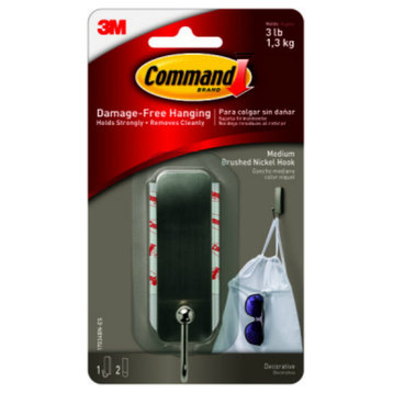 Command 17034BN-ES Brushed Nickel Decorative Hook with 2 Strips, Medium