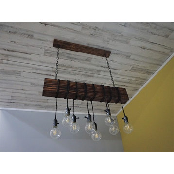 Rustic Wooden Beam Chandelier with 8 Pendants Farmhouse Style