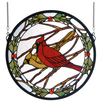 Meyda 15"x15" Cardinals and Holly Stained Glass Window