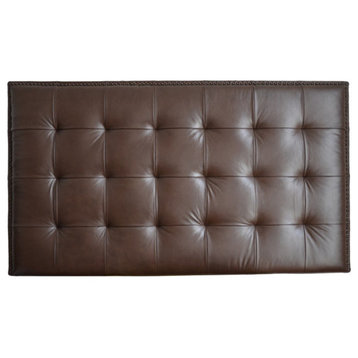 Upholstered Wall Mounted Headboard, Chocolate Genuine Leather With Nail Trim, Qu
