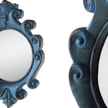 Blue Distressed Frame Round Mirror