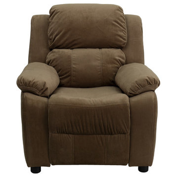 Deluxe Padded Contemporary Brown Microfiber Kids Recliner With Storage Arms