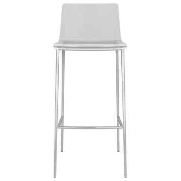 30" Clear And Silver Plastic Low Back Bar Height Bar Chairs With Footrest, Acrylic/Nickel, Bar Height