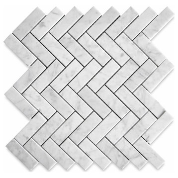 Herringbone Mosaic White Carrara Venato Carrera Marble Tile Honed 1x3, 1 sheet