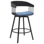 Armen Living - Athena Swivel Black Wood Counter Stool, Blue Fabric With Black Metal - Bring sophisticated style and comfort to your home with our Athena Upholstered Swivel Bar or Counter Stool. With bentwood construction, our bar stool features a stunningly streamlined and striking barrel back. Its sleek and eye-catching curves are complemented by an airy metallic frame and splayed legs for a stunning visual impact. An enveloping silhouette and padded seat promise a comfortable sit in a kitchen or lounge. Our barstool is available in both faux leather and high-performance fabric to best suit the daily wear and tear of your home. Expertly crafted from metal and engineered wood, the counter stool shows off a mixed material elegance to work well anywhere from your kitchen to a home office. It can complement a kitchen island, pub table, home bar, or adjustable desk, bringing a dose of style and comfort. Our modern bar stool comes with a wonderful 360-degree swivel with a smooth gliding system, allowing you to join conversations around the counter or work with ease and efficiency. The Athena swivel bar or counter stool easily incorporates into any home and is available in your choice of 27-inch or 31-inch seat height in a walnut wood finish with black, cream, and gray faux leather upholstery or a black wood finish with your choice of light gray or blue fabric or gray faux leather upholstery.