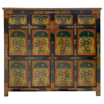 Chinese Tibetan Orange Yellow Flower Graphic Credenza Storage Cabinet Hcs7175