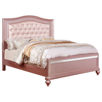 Benzara BM216259 Full Size Wood Bed With Mirror Trim & Camelback Headboard, Pink