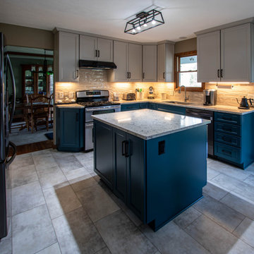 Two Tone Teal and Cream Kitchen with Romano White Quartz Countertop