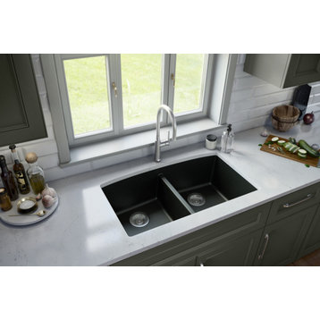 Karran Undermount Quartz 32" 50/50 Double Bowl Kitchen Sink, Black
