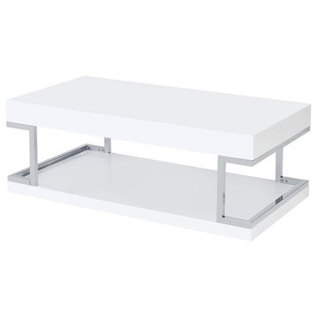 Modern Coffee Table, C-Shaped Chrome Support With High Gloss White Top & Shelf