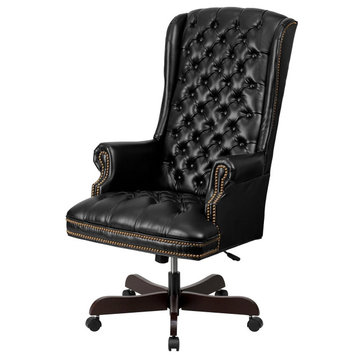 Swivel Office Chair, Diamond Button Tufted Back With Nailhead Trim, Black