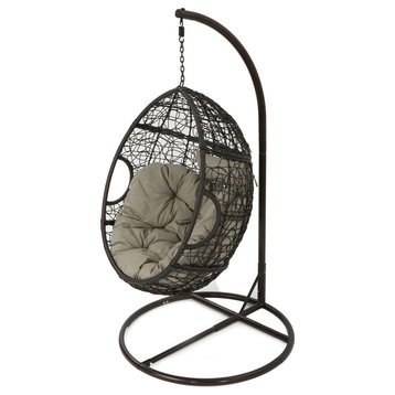 GDF Studio Kyle Outdoor Wicker Hanging Basket Chair, Multi-Brown/Khaki