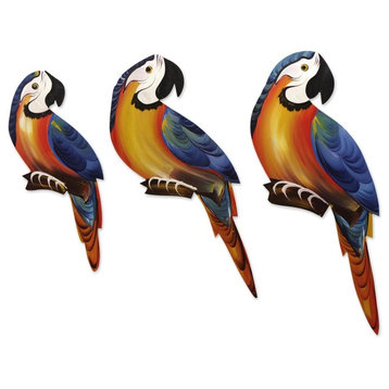 Handmade Macaw Trio  Wood wall adornments (yellow and blue) - Brazil