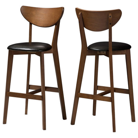 Eline Faux Leather Upholstered Walnut Finished Bar Stool, Set of 2, Black