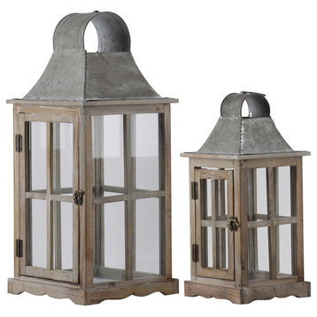 Wood Square Lanterns With Metal Top and Hangers, 2-Piece Set
