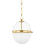 Hudson Valley Lighting - Donnell 1 Light Pendant, Aged Brass, 15" - Two different types of glass make this pendant feel special and sophisticated. A detailed Aged Brass or Polished Nickel band at the center separates the clear glass above from the opal glossy glass beneath for a visually interesting design that not only draws the eye when unlit, it beautifully pairs a brighter light with a soft glow when lit. This pretty pendant feels right at home styled over the kitchen island.