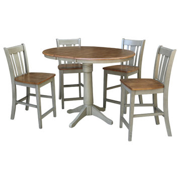 36" Round Extension Dining Table With San Remo Counter Height Stools, Distressed Hickory/Stone, 5 Piece