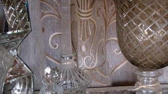 Italian linen drapery panels with crystal accessories in Fino Lino showroom.