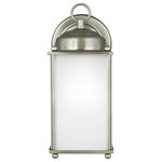 Generation Lighting Collection - New Castle Large 1-Light Outdoor Wall Lantern, Antique Brushed Nickel - The Sea Gull Lighting New Castle one light outdoor wall fixture in antique brushed nickel creates a warm and inviting welcome presentation for your home's exterior. The petite proportions and transitional accents of the New Castle outdoor lighting collection by Sea Gull Lighting make these one-light outdoor wall lanterns a versatile selection for your home. Offered in White, Polished Brass, Antique Brushed Nickel, Antique Bronze and Black finishes, in either Satin Etched or Clear glass. Clear bulbs are recommended to use for the best aesthetics for the Clear glass fixtures. Both incandescent lamping and ENERGY STAR-qualified LED lamping options are available for those fixtures with the Satin Etched glass. And the Clear glass fixtures can easily convert to LED by purchasing LED replacement lamps sold separately.