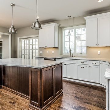 Direct Depot | Two-Toned White Kitchen with Medium Stain Island
